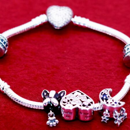 Stunning Silver Snake Chain Charm Bracelet with Dog Face, Heart Bead Charm, Crescent Moon, Stars, and Clip-on Circle Bead Charm