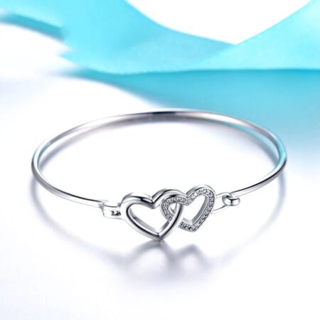 Sterling Silver Double Heart Bangle Bracelet With Antique Rhodium Finish