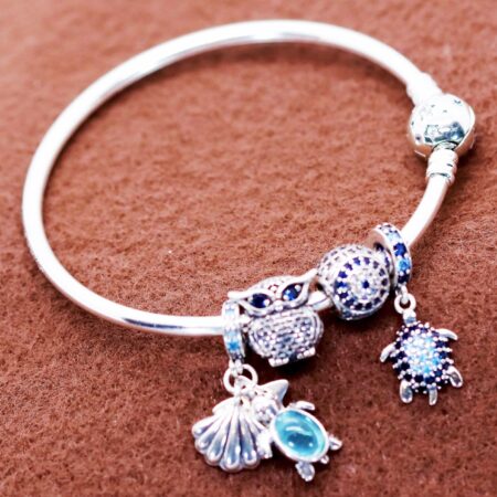 Sterling Silver Bangle Bracelet with Owl, Evil-Eye and Sea Life Charms