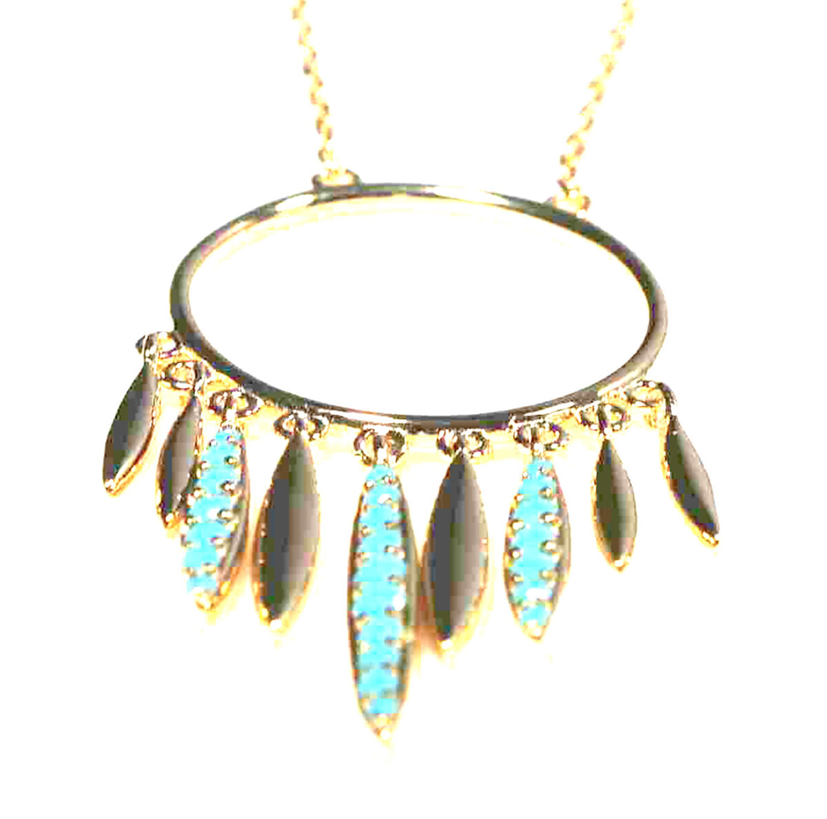 Golden Feathers of Freedom – 14KT Gold Plated Sterling Silver Necklace with Turquoise CZ Gemstone 925ijewel.com