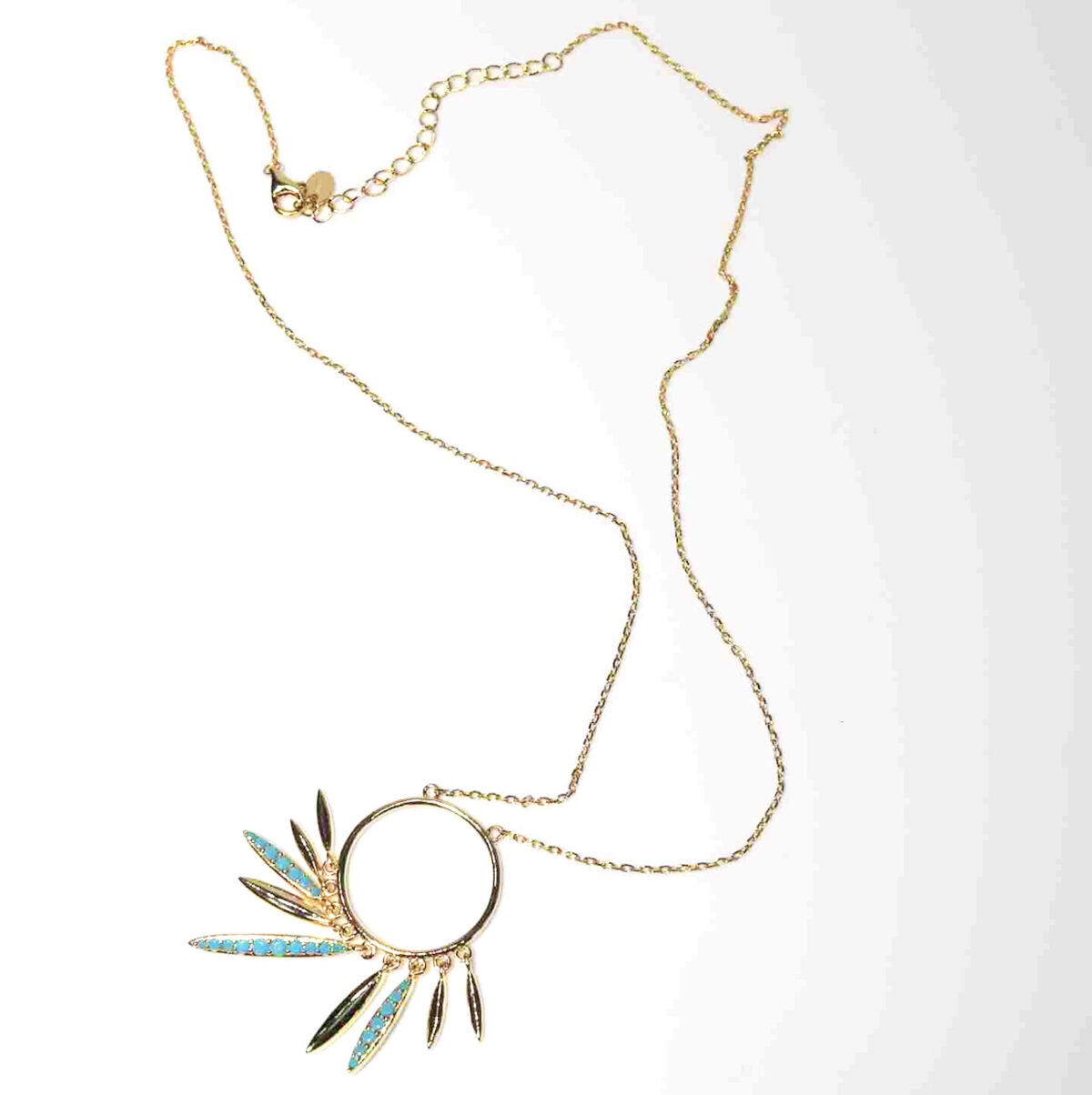 Golden Feathers of Freedom – 14KT Gold Plated Sterling Silver Necklace with Turquoise CZ Gemstone 925ijewel.com