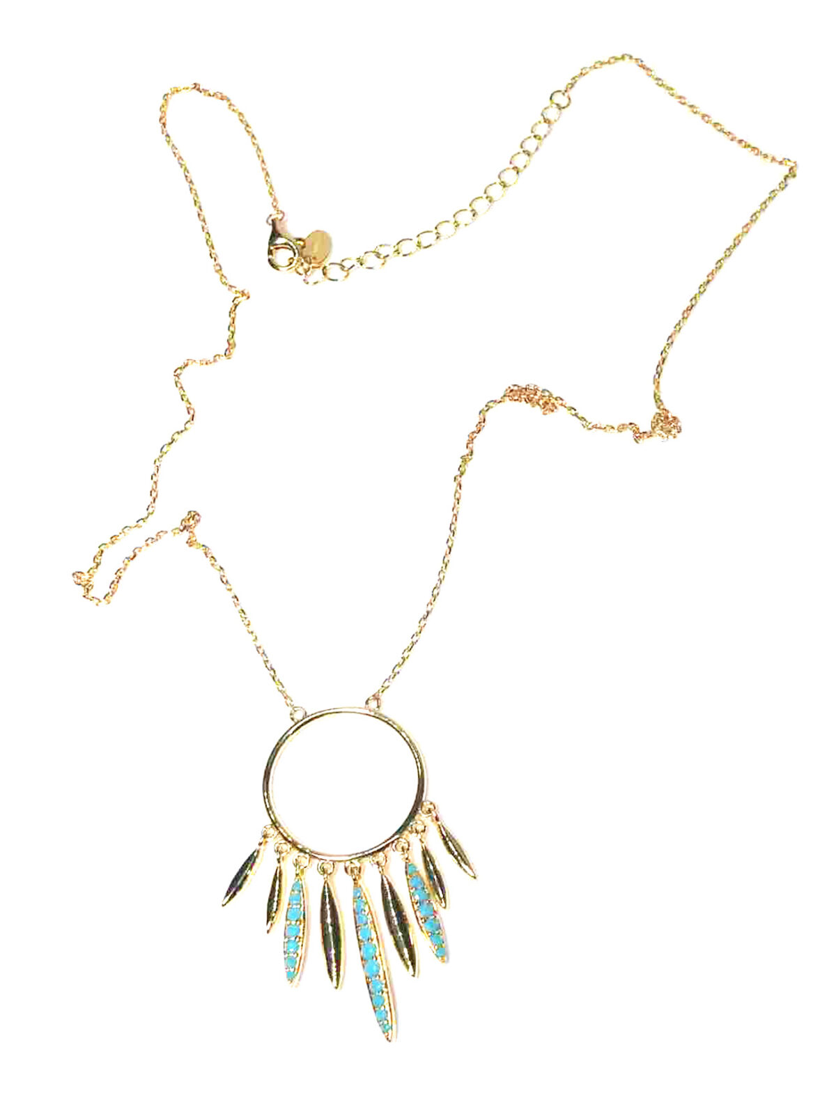 Golden Feathers of Freedom – 14KT Gold Plated Sterling Silver Necklace with Turquoise CZ Gemstone 925ijewel.com