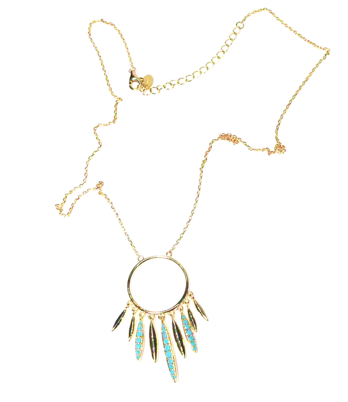 Golden Feathers of Freedom – 14KT Gold Plated Sterling Silver Necklace with Turquoise CZ Gemstone 925ijewel.com