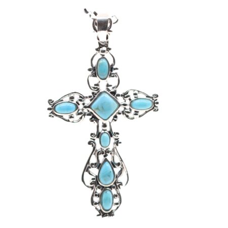 Stylish Rhodium Plated Sterling Silver Cross Necklace with Natural Turquoise Pendant