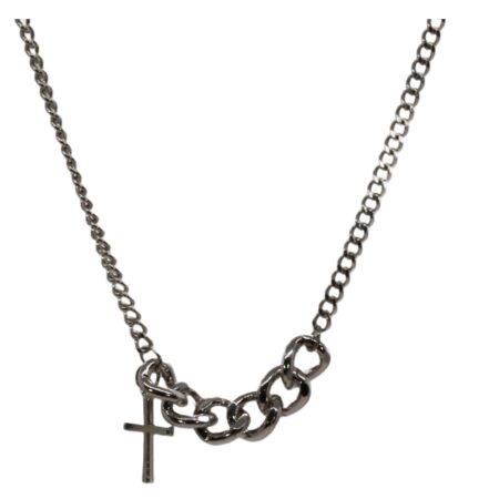 Sterling Silver Rhodium Finish Adjustable Necklace With Large Curb Chain And High Polish Cross Pendant