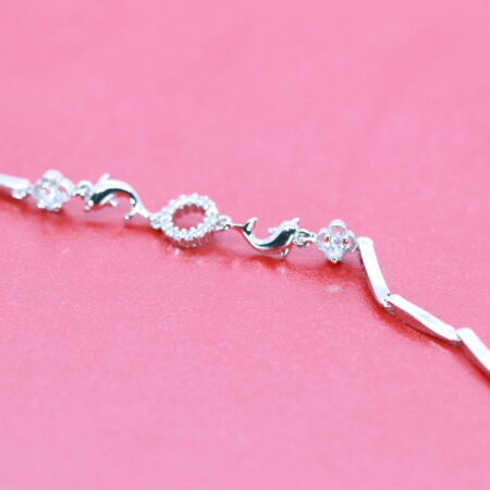 Sterling Silver Rhodium Finish Bar Link Bracelet With Two Dolphins Accented With CZ 7"
