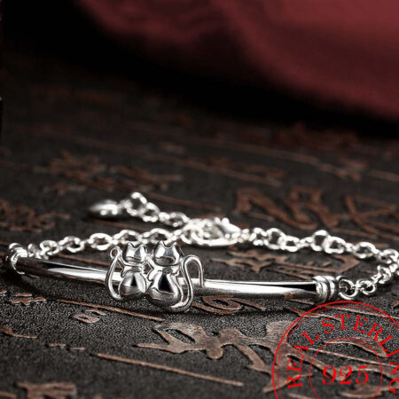 Elegant Sterling Silver Couple Cat Bracelet with Bangle & Chain