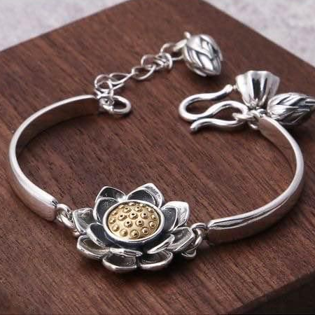 Stunning Sterling Silver Handcrafted Bracelet with Retro Lotus Design and Charms