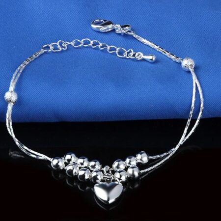 Elegant Sterling Silver Double Strand Cobra Chains Anklet with Heart Charm