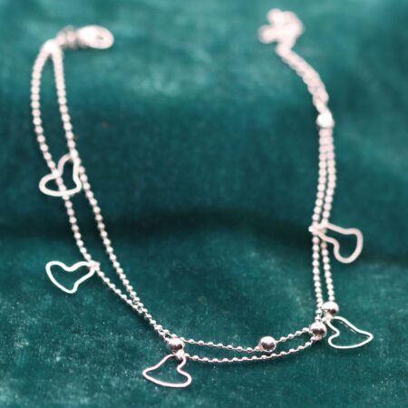 Elegant and Alluring Double Strand Anklet on Sterling Silver Ball Chain with Open Heart Charms and Beads