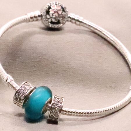 Fashionable Sterling Silver Snake Charm Bracelet with CZ and Green Charm Bead