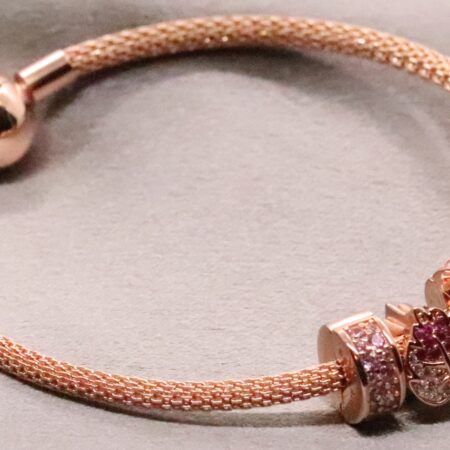 Beautiful Sterling Silver Rose Charm Bracelet with CZ Leaf Bead