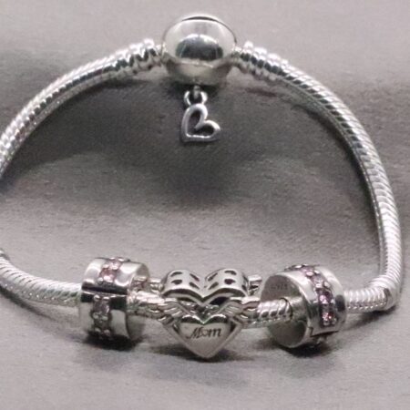 Elegant Sterling Silver Snake Charm Bead Bracelet with Engraved Heart and CZ Charms