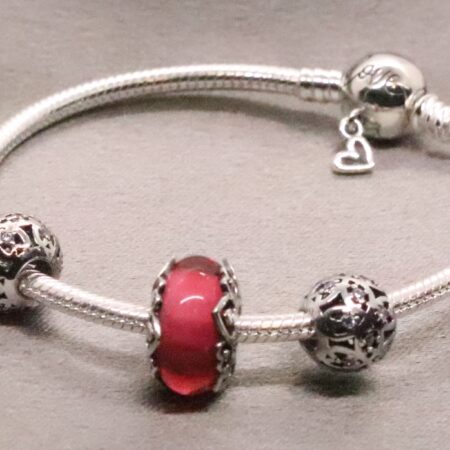 Sterling Silver Snake Charm Bead Bracelet with Filigree Beads, Orange Synthetic Stone Bead Charm