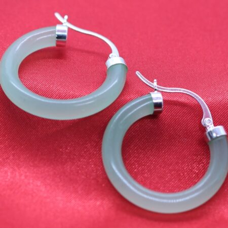 Sterling Silver Perfectly Crafted Light Green Natural Jade Hoop Earrings 4.9 MM Thickness & 31.5 MM Round
