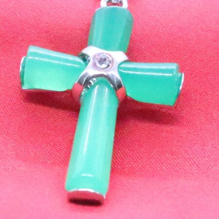 Beautifully Designed Sterling Silver Necklace with Genuine Dark Green Jade Cross Pendant on 18-Inch Chain