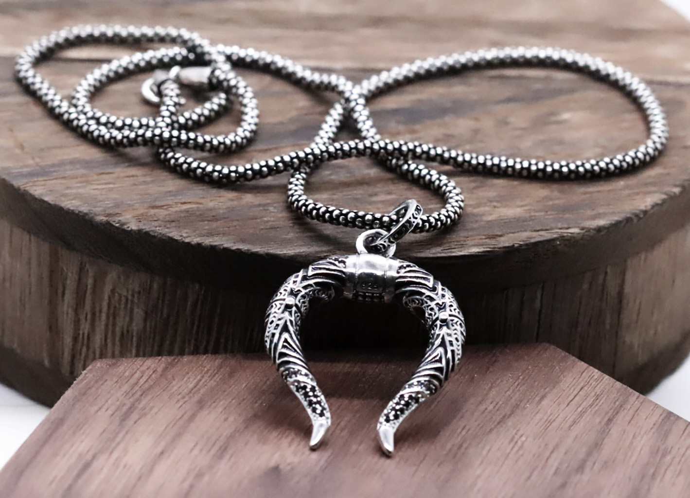 Antique-inspired Dragon Horn Pendant in Sterling Silver with Unique Craftsmanship. 925ijewel.com