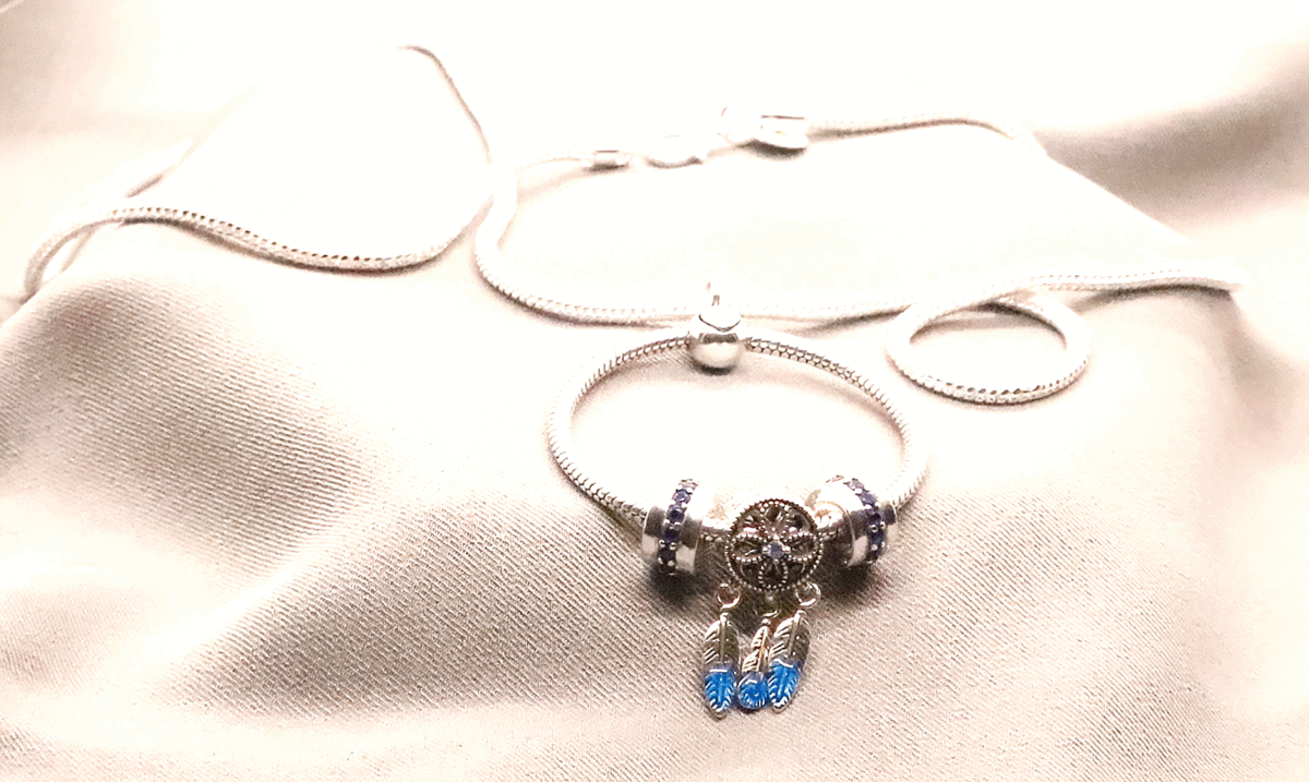 Eternal Wholeness Sterling Silver O Charm Pendant with Dream Catcher Blue CZ. 925ijewel.com