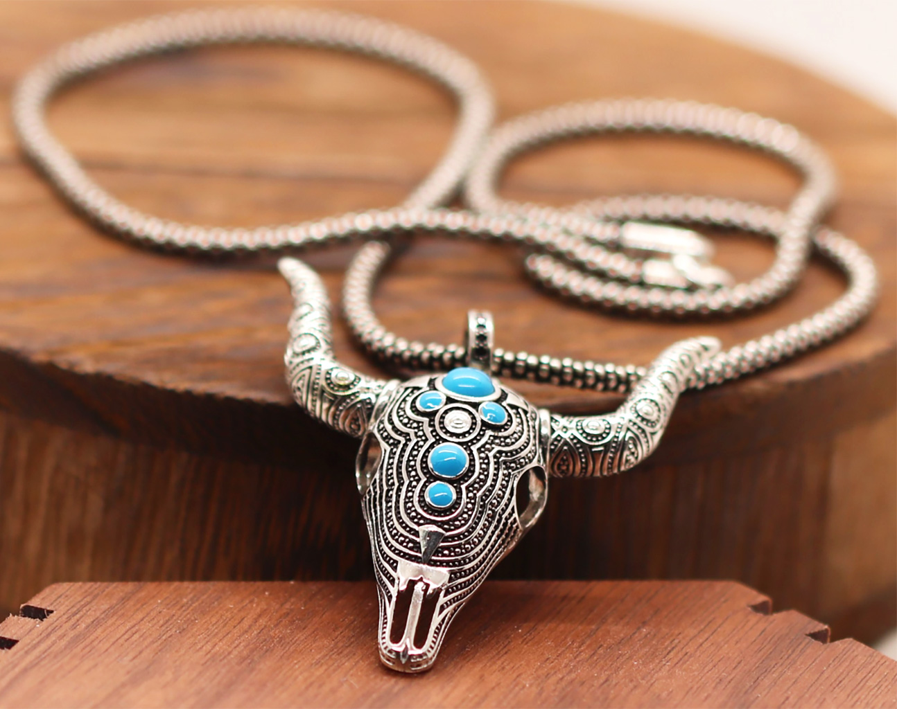 Handcrafted Sterling Silver Bull Head Skull Pendant with Natural Turquoise. 925ijewel.com