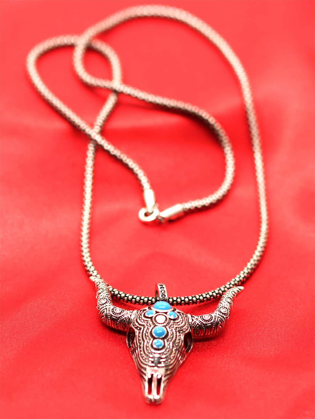 Handcrafted Sterling Silver Bull Head Skull Pendant with Natural Turquoise. 925ijewel.com