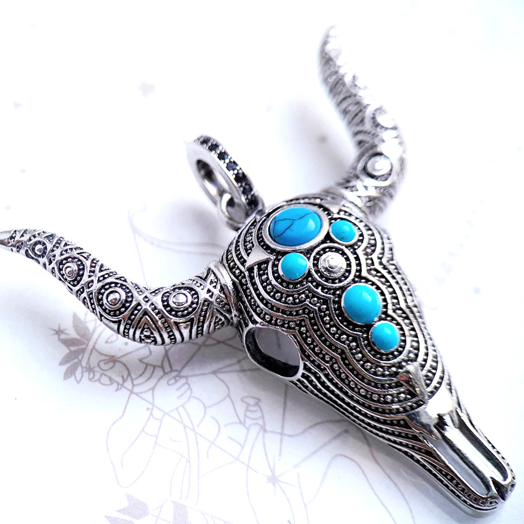 Handcrafted Sterling Silver Bull Head Skull Pendant with Natural Turquoise. 925ijewel.com