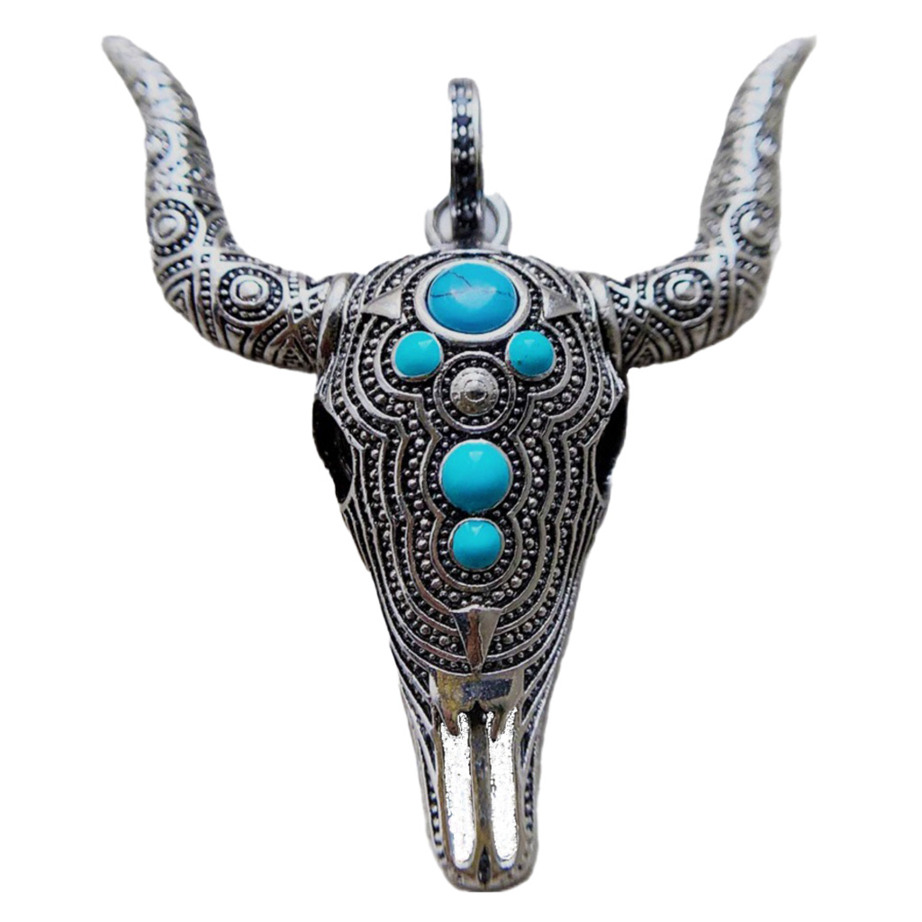 Handcrafted Sterling Silver Bull Head Skull Pendant with Natural Turquoise. 925ijewel.com