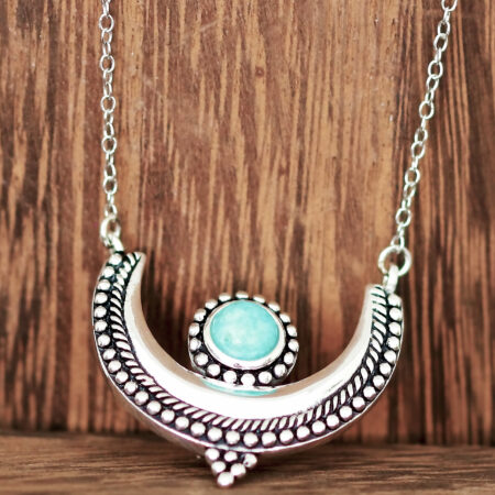 Exquisitely Designed Crescent Shaped Sterling Silver 18" Necklace Pendant with Natural Round Turquoise