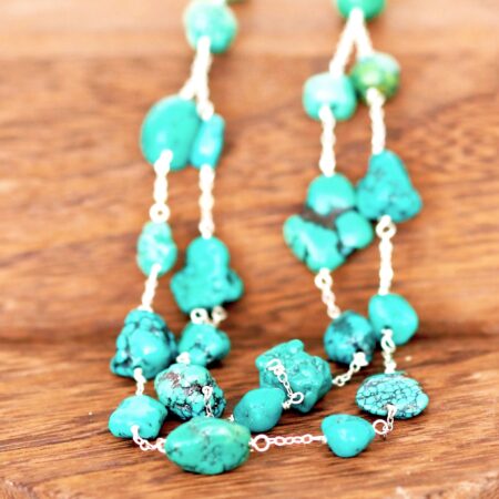 Elegantly Designed Sterling Silver 2 Strand Graduated Natural Turquoise Nugget Necklace Pendant 18" Long