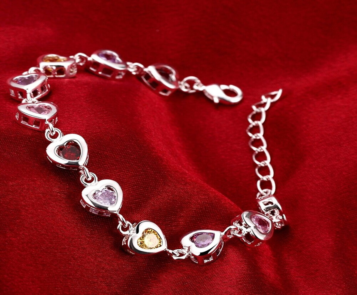 Sterling Silver Heart Bracelet With Multi Color Cubic Zirconia Stones. 925ijewel.com