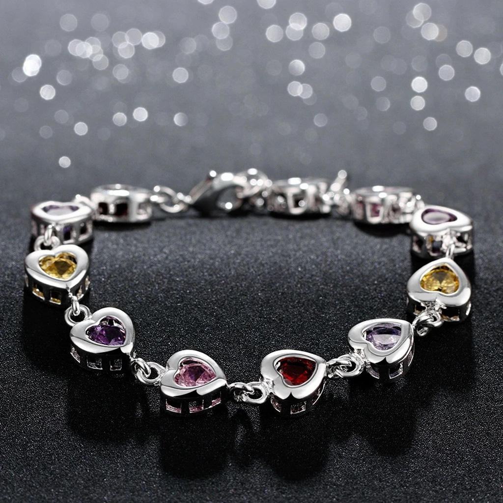 Sterling Silver Heart Bracelet With Multi Color Cubic Zirconia Stones. 925ijewel.com