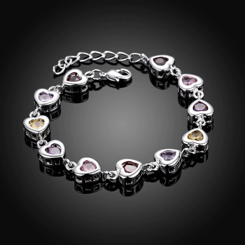 Sterling Silver Heart Bracelet With Multi Color Cubic Zirconia Stones. 925ijewel.com