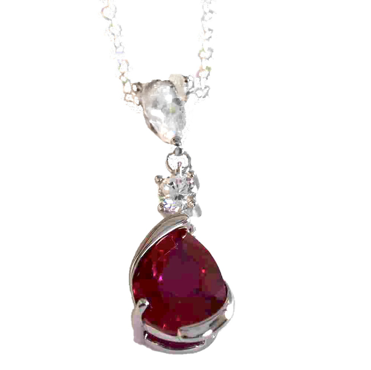 Sterling Silver Pear Shaped Ruby Lab Created Non-Treated Pendant Accented with Two Round Cubic Zirconia Stones 925ijewel.com