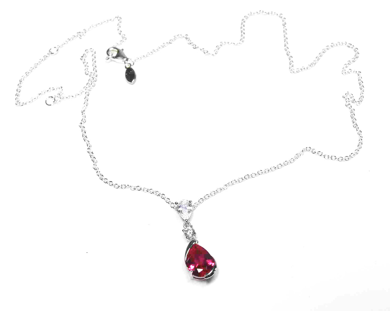 Sterling Silver Pear Shaped Ruby Lab Created Non-Treated Pendant Accented with Two Round Cubic Zirconia Stones 925ijewel.com