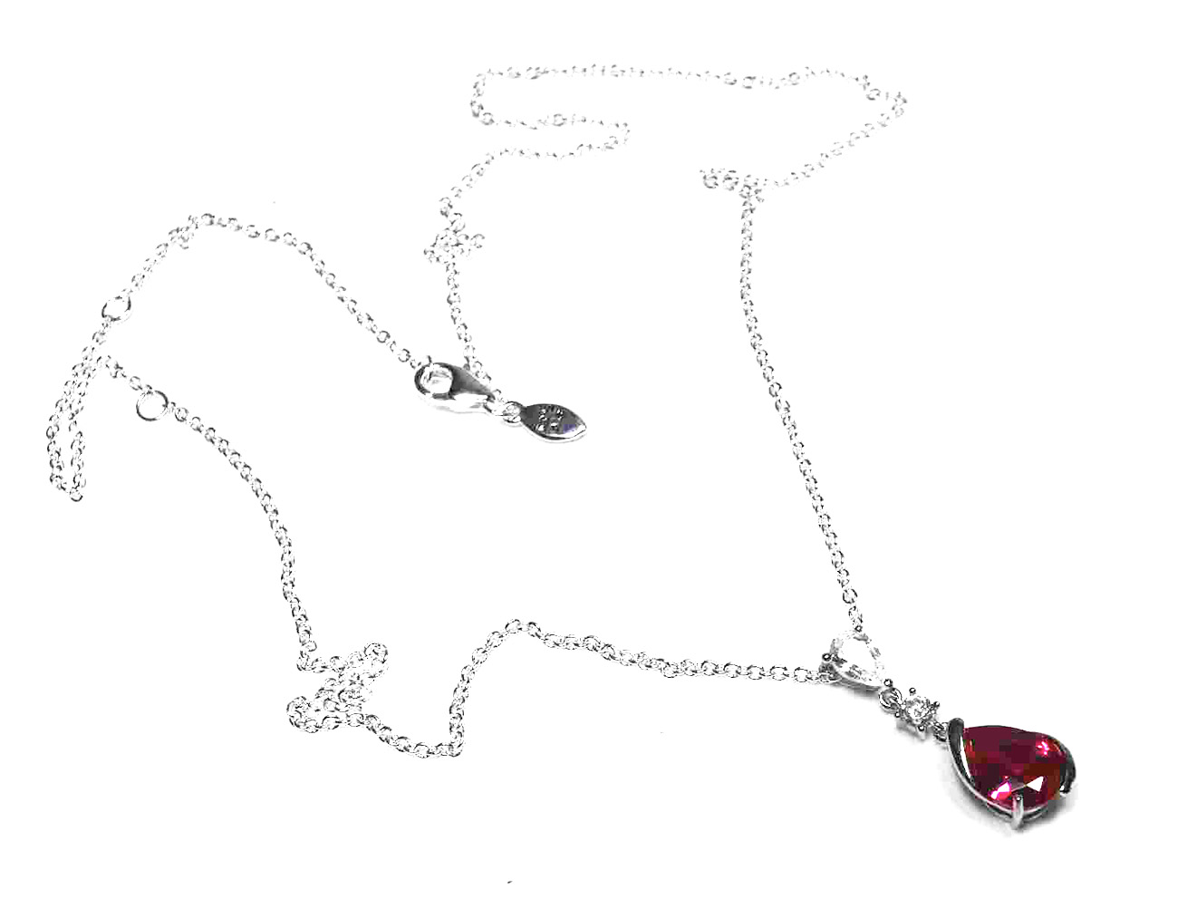 Sterling Silver Pear Shaped Ruby Lab Created Non-Treated Pendant Accented with Two Round Cubic Zirconia Stones 925ijewel.com
