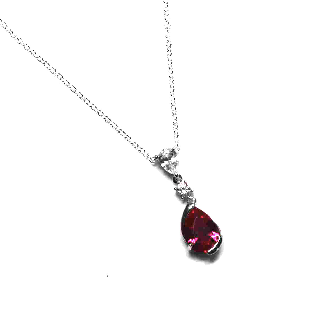 Sterling Silver Pear Shaped Ruby Lab Created Non-Treated Pendant Accented with Two Round Cubic Zirconia Stones 925ijewel.com