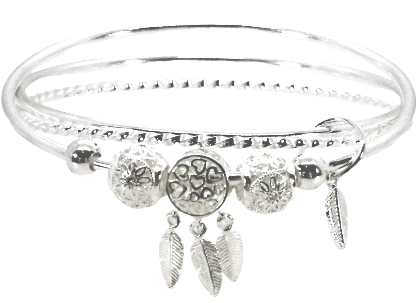 Premium Sterling Silver – Crafted from high-quality 925 sterling silver for durability and shine. Slip-On Comfort – Easy-to-wear design ensures a secure and comfortable fit. Triple Bangle Design – Unique layered look adds depth and elegance. Diamond-Cut Beads – Five shimmering beads that sparkle beautifully in the light. Feather Charms – Four hanging feathers symbolizing freedom, grace, and individuality. Versatile Style – Perfect for both casual wear and special occasions. 925ijewel.com