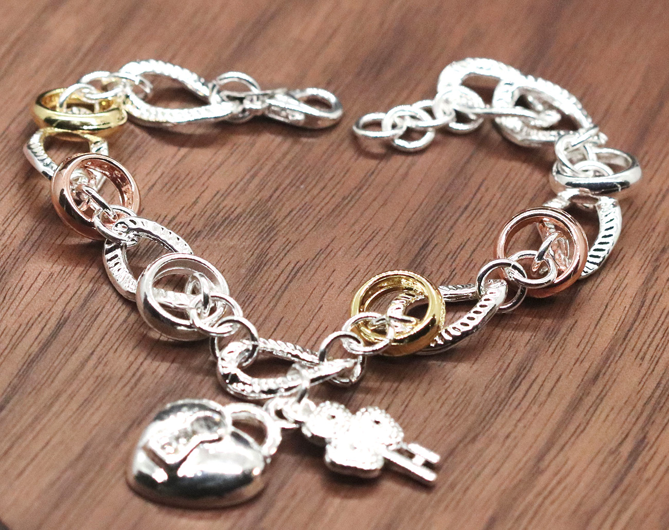 Sterling silver two-tone link bracelet with shamrock and heart key charms 925ijewel.com