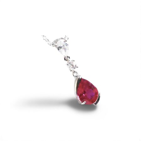 Sterling Silver Pear Shaped Ruby Lab Created Non-Treated Pendant Accented with Two Round Cubic Zirconia Stones on 18" Link Chain