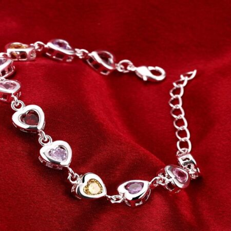 Sterling Silver Heart Bracelet With Multi Color Synthetic Stones
