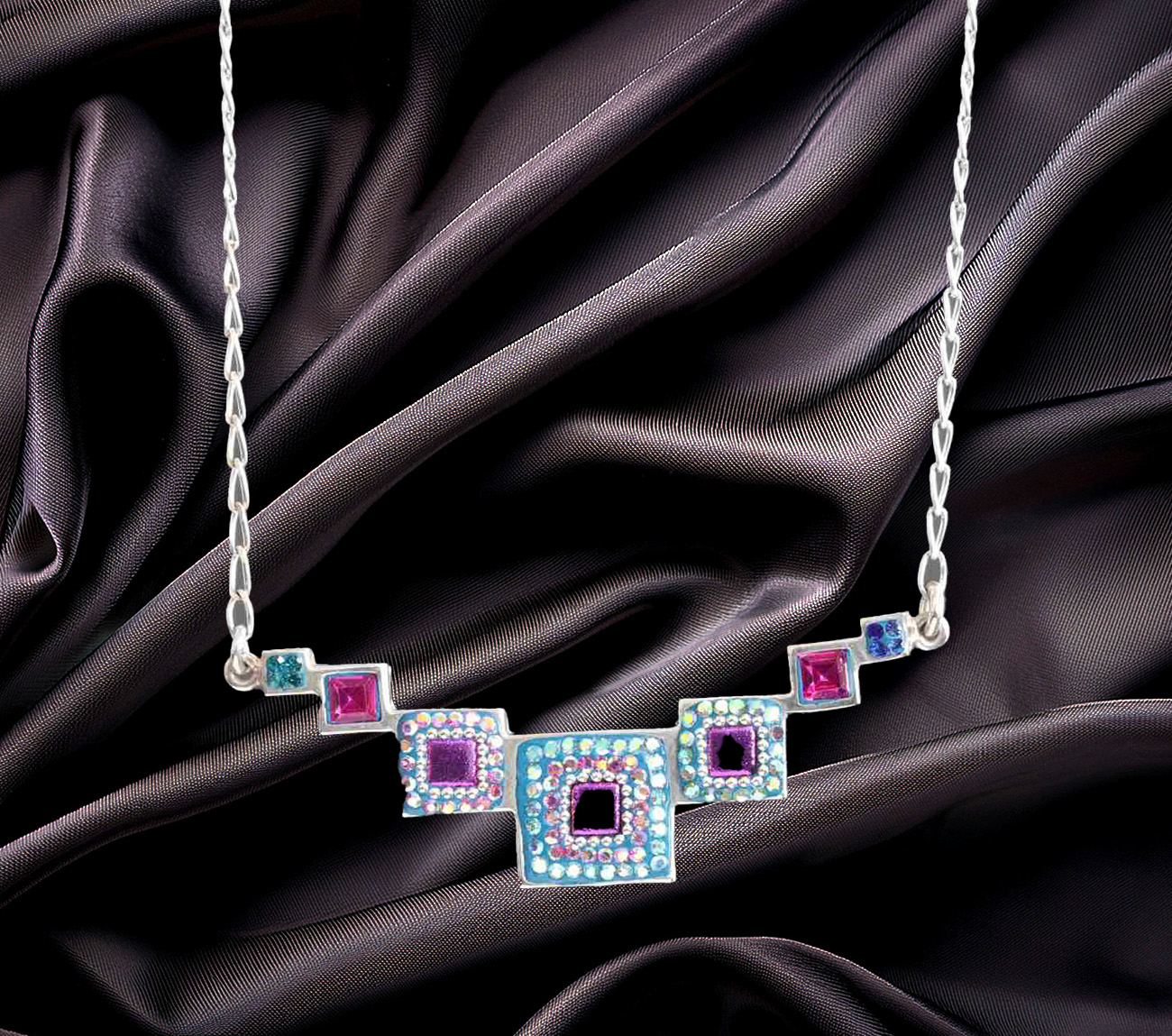 Multi-Synthetic Gemstone Sterling Silver Necklace with various Graduated Sizes of Square Blocks 925ijewel.com