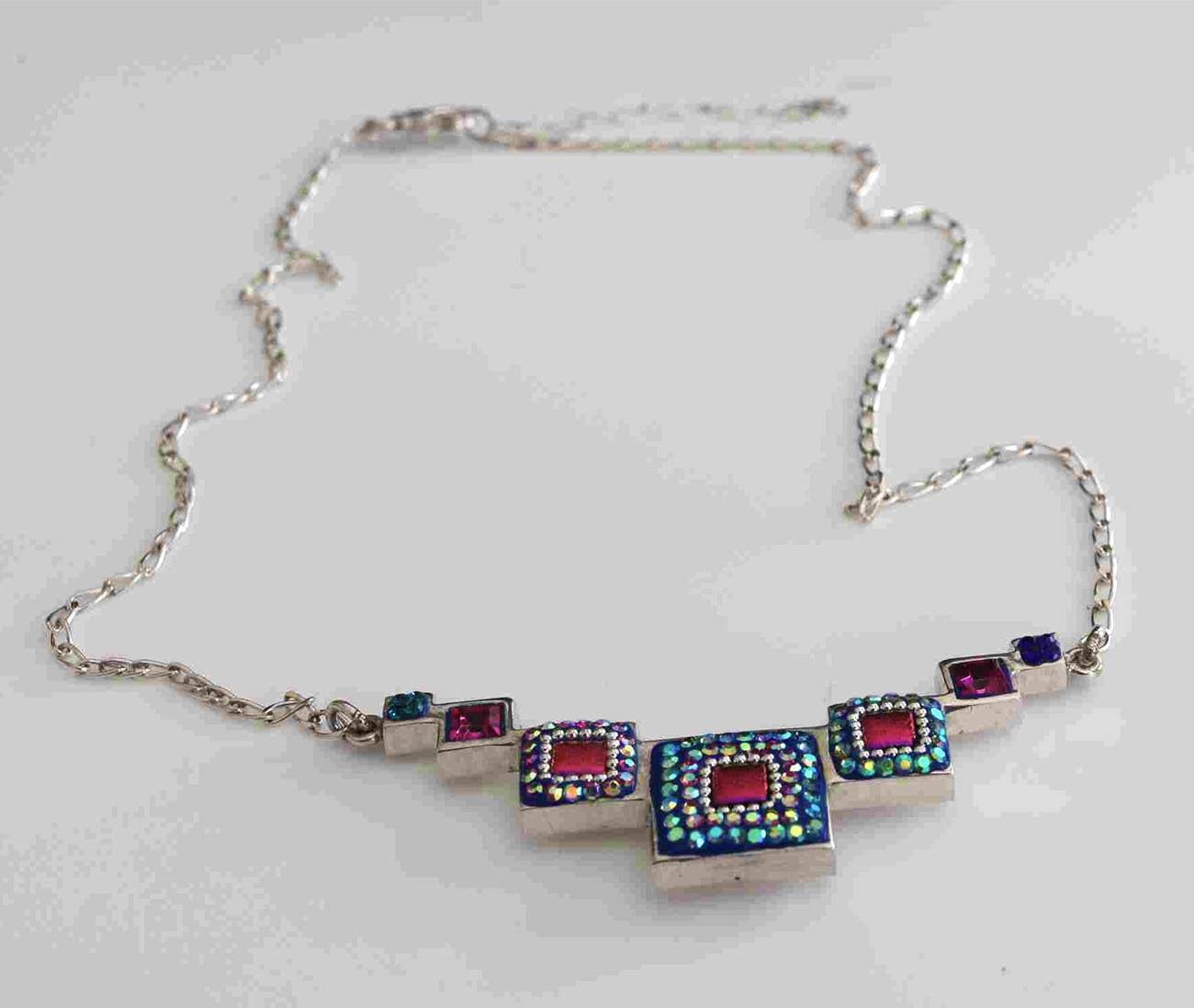 Multi-Synthetic Gemstone Sterling Silver Necklace with various Graduated Sizes of Square Blocks 925ijewel.com
