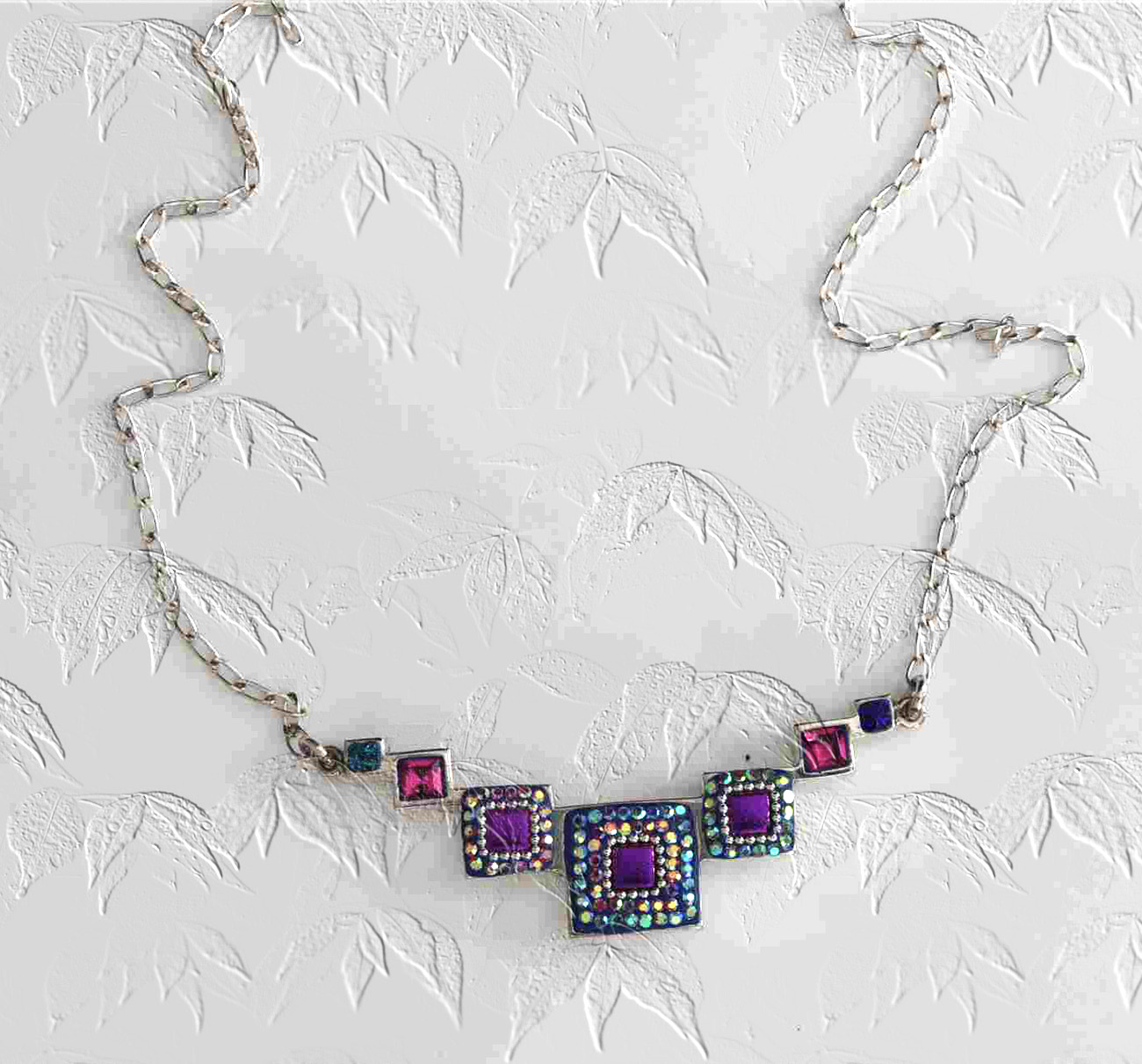 Multi-Synthetic Gemstone Sterling Silver Necklace with various Graduated Sizes of Square Blocks 925ijewel.com