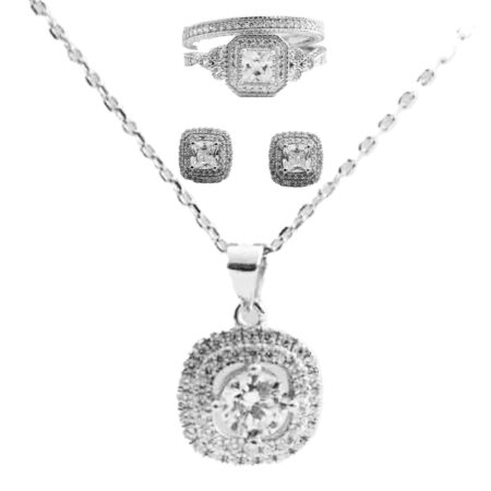 Dazzling Cushion Shape Sterling Silver Setting with Cubic Zirconia Jewelry Set