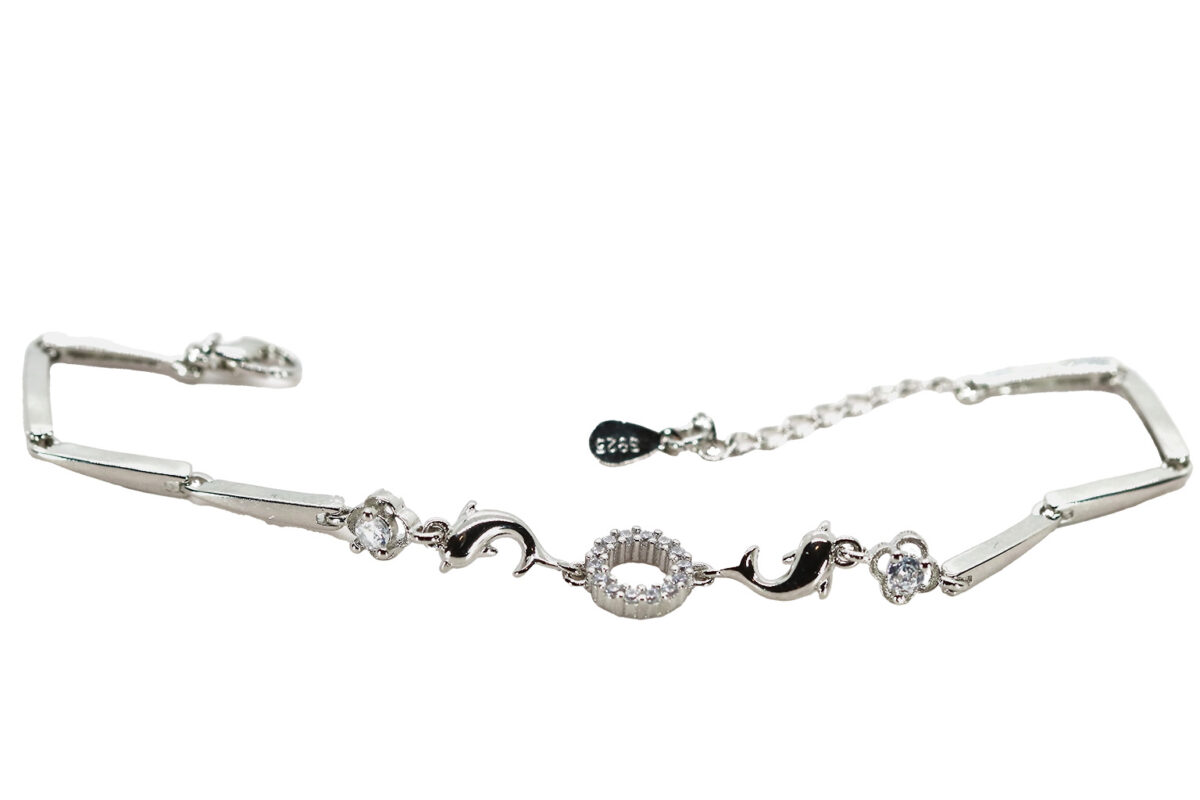 Sterling Silver Rhodium Finish Bar Link Bracelet With Two Dolphins Accented With CZ. 925ijewel.com