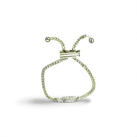 Handcrafted Sterling Silver Platinum Look Bracelet with Sliding Love Charm and Adjustable Cylinder Lock