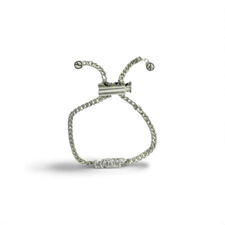 Handcrafted Sterling Silver Platinum Look Bracelet with Sliding Love Charm and Adjustable Cylinder Lock