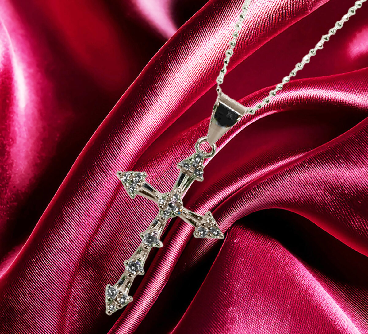 Classy-Baguette-and-Round-CZ-Cross-Pendant-on-Italian-Ball-Chain 925ijewel.com