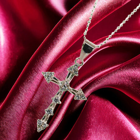Classy-Baguette-and-Round-CZ-Cross-Pendant-on-Italian-Ball-Chain 925ijewel.com
