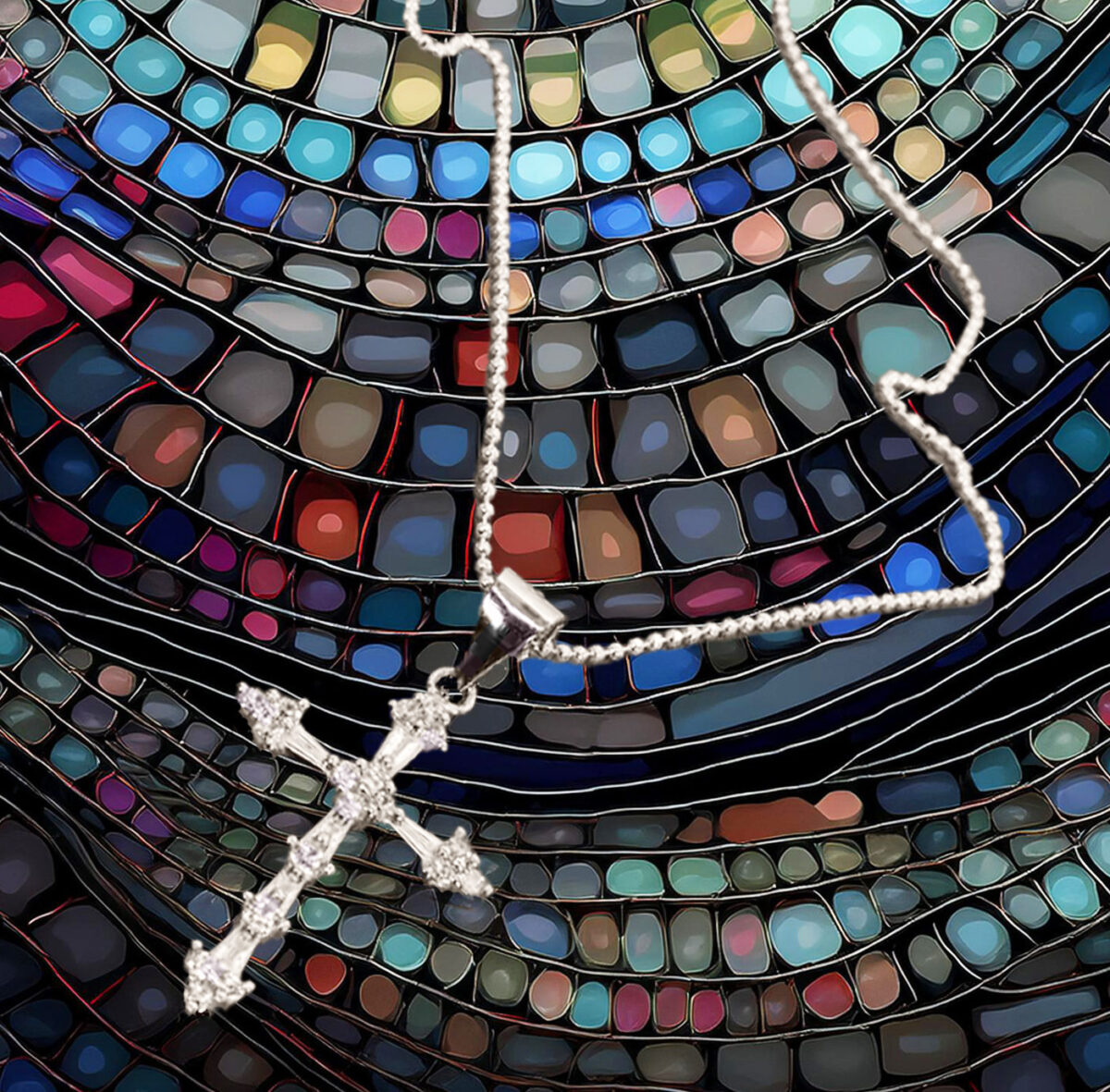 Classy-Baguette-and-Round-CZ-Cross-Pendant-on-Italian-Ball-Chain 925ijewel.com