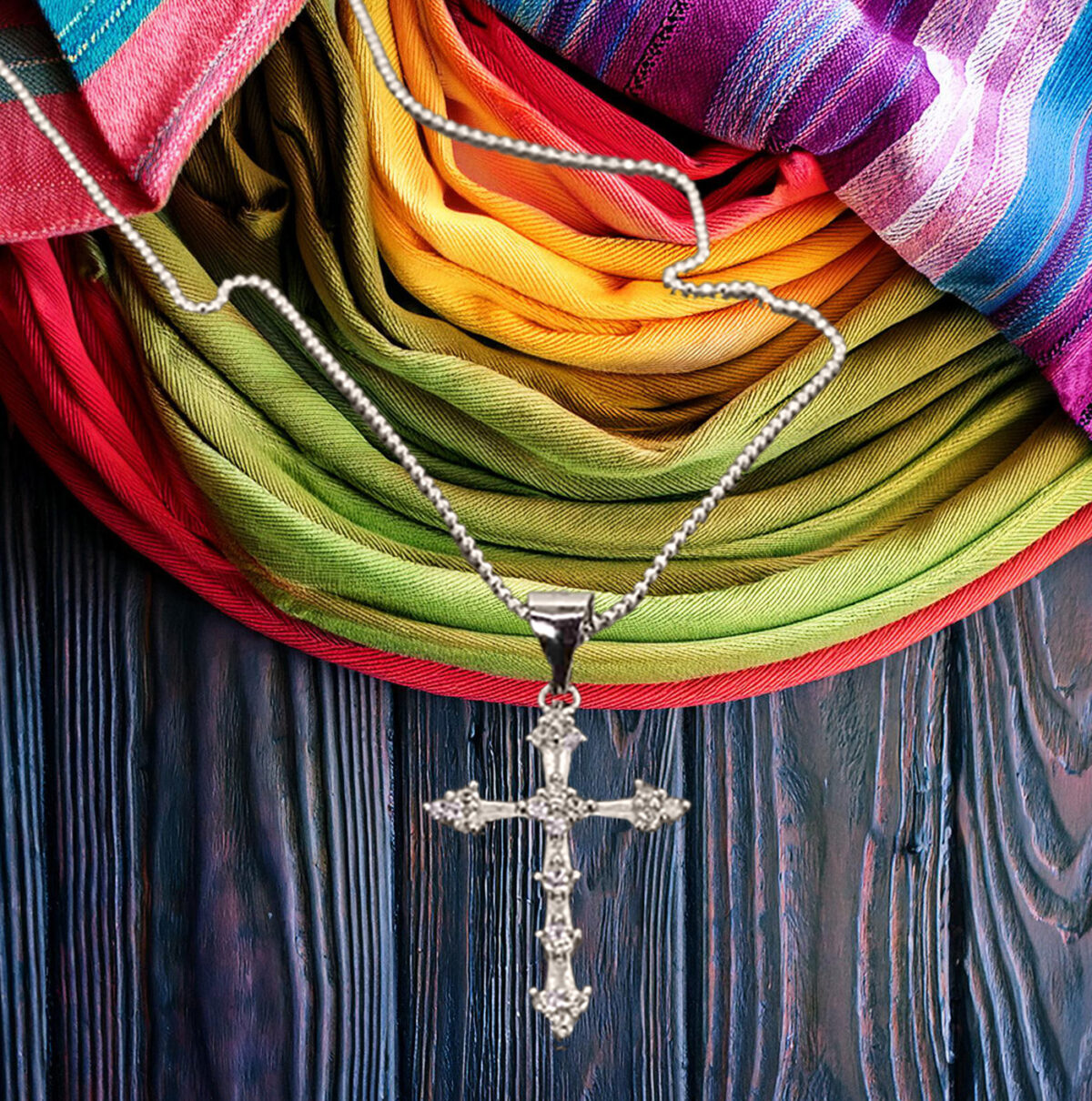 Classy-Baguette-and-Round-CZ-Cross-Pendant-on-Italian-Ball-Chain 925ijewel.com